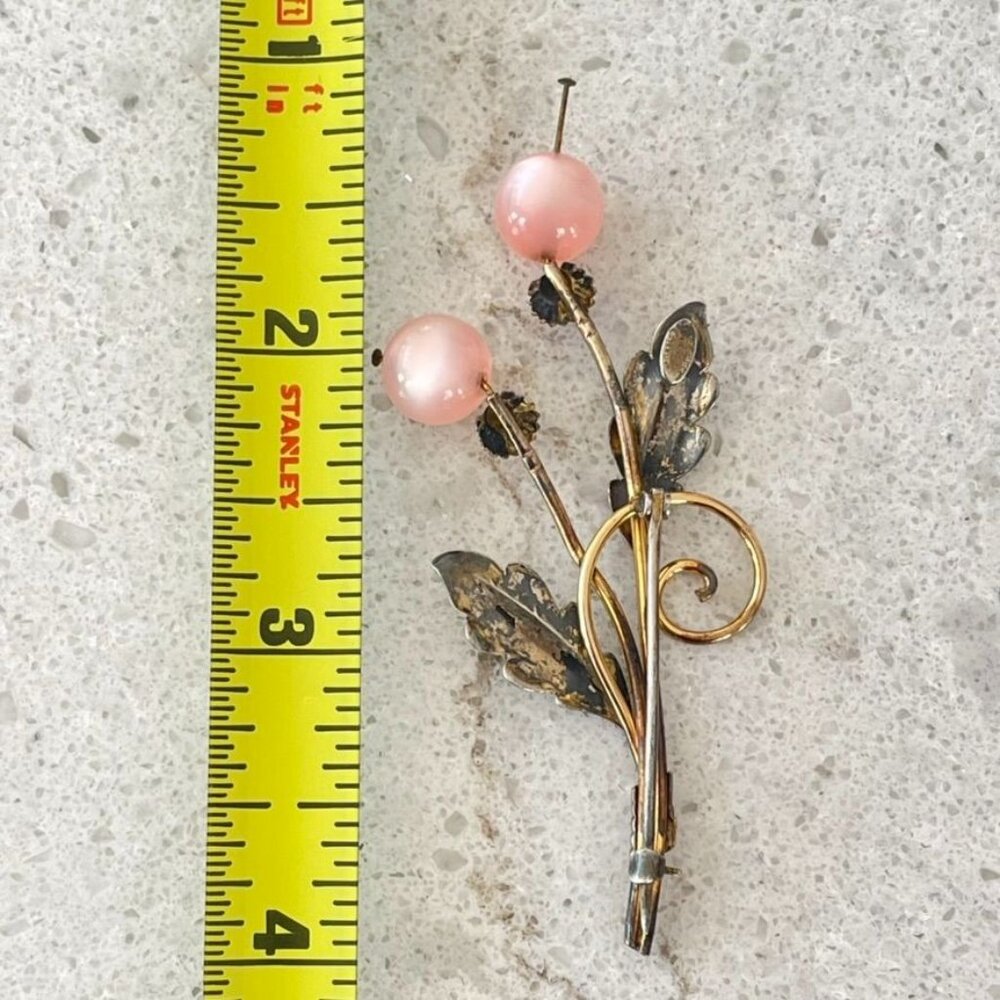 Van Dell 12K Gold Filled Sterling Flower Brooch Pink Moonstone Glass - Picture 3 of 4